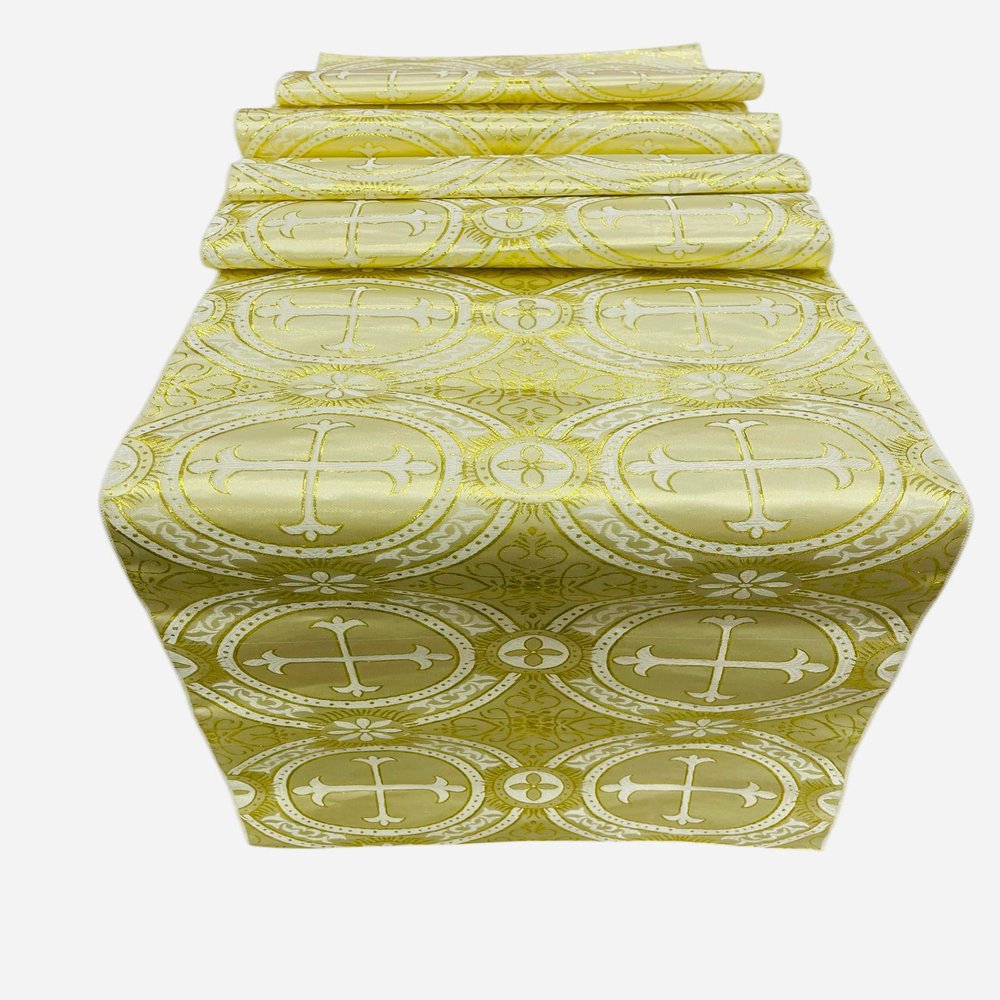 New Creations Fabric & Foam Inc, Religious Brocade Runner Tablecloth | Liturgical Fabric | Runner Ecclesiastical Jacquard | Church | Vestment-Cross Brocade. (Beige / Gold, 14" Wide x 108" Long)