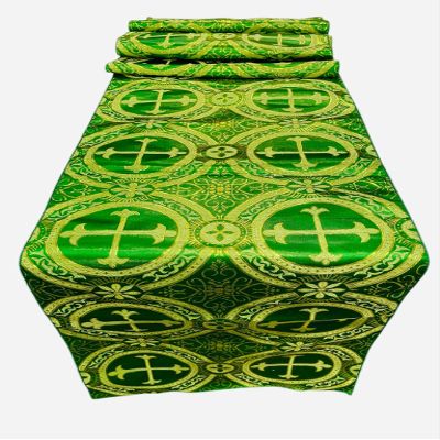 New Creations Fabric & Foam Inc, Religious Brocade Runner Tablecloth | Liturgical Fabric | Runner Ecclesiastical Jacquard | Church | Vestment-Cross Brocade. (Green / Gold, 14" Wide x 90" Long)