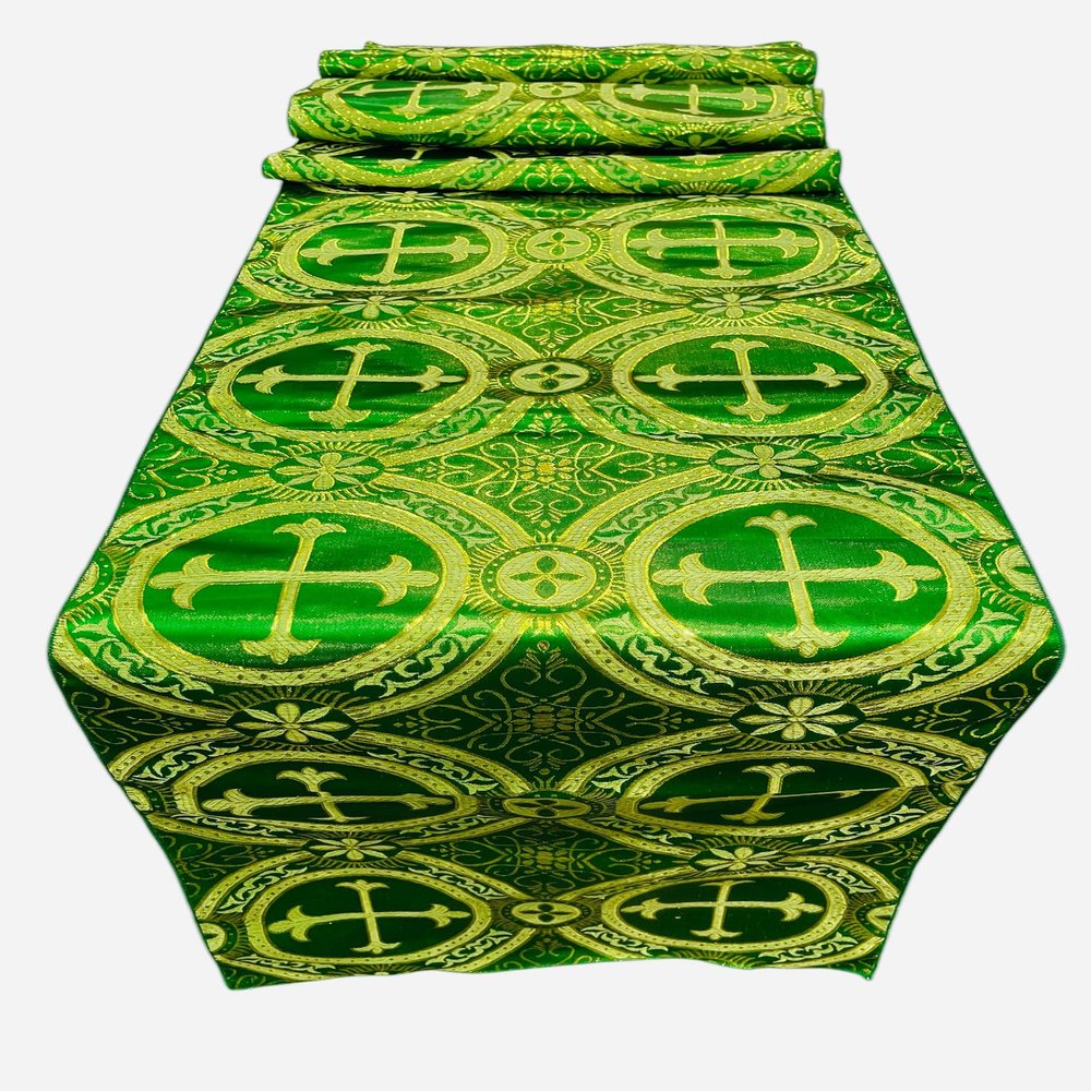 New Creations Fabric & Foam Inc, Religious Brocade Runner Tablecloth | Liturgical Fabric | Runner Ecclesiastical Jacquard | Church | Vestment-Cross Brocade. (Green / Gold, 14" Wide x 90" Long)