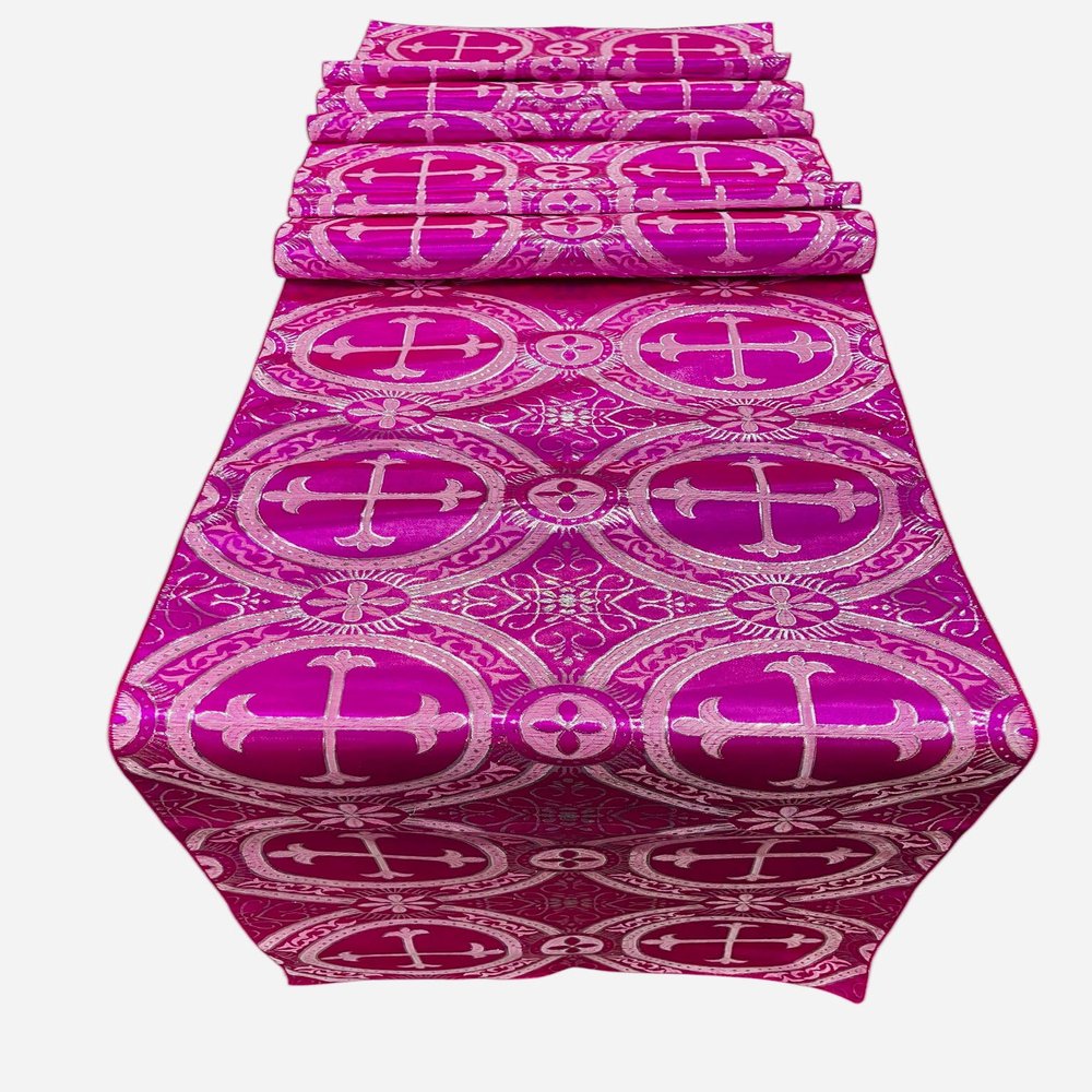 New Creations Fabric & Foam Inc, Religious Brocade Runner Tablecloth | Liturgical Fabric | Runner Ecclesiastical Jacquard | Church | Vestment-Cross Brocade. (Fuchsia / Silver, 14" Wide x 60" Long)