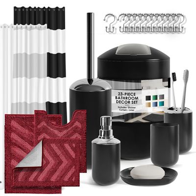 Clara Clark Bathroom Accessories Set - Black Shower Curtain Set with Bathroom Trash Can, 23PC Bathroom Set, Bathroom Sets with Shower Curtain and Red Rugs