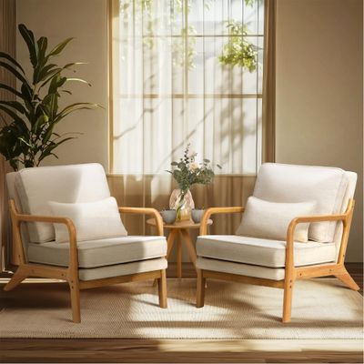 COLAMY Mid Century Modern Accent Chair Set of 2 with Lumbar Pillow, Relaxing Armchair with Solid Wood Frame & Soft Cushion, Reading Leisure Chair for Living RoomBeige