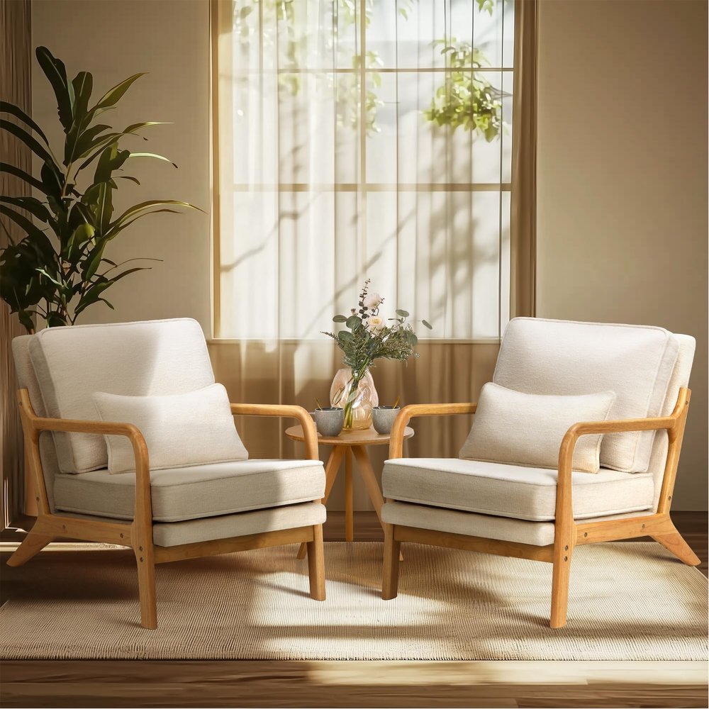 COLAMY Mid Century Modern Accent Chair Set of 2 with Lumbar Pillow, Relaxing Armchair with Solid Wood Frame & Soft Cushion, Reading Leisure Chair for Living RoomBeige
