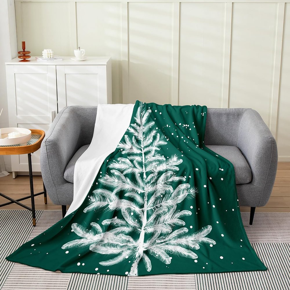 Erosebridal Christmas Fleece Blanket,Green Christmas Tree Throw Blanket for Kids Teens Adult,Winter Magical Snowflake Bed Blanket,Abstract Feather Snow Flowers Xmas Decor Fuzzy Blanket 40x50