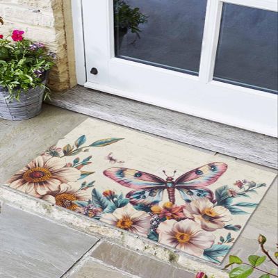 Bathroom Rugs,Vintage Blossom Flower Butterfly Kitchen Rug Non-Slip Rubber Backing Doormat,Spring Floral on Postcard Absorbent Bath Mat Washable Floor Mats for Bedroom Entryway 18x30in