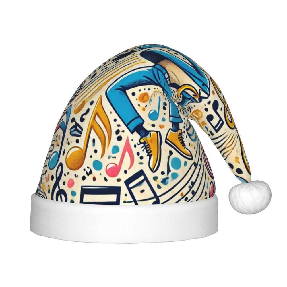 JxWCher Christmas Hat Dancing Musical Symbols Small Soft Plush Themed Santa Hats, Fun Party Headwear, for Holiday Parties, Family Photos, Gifts