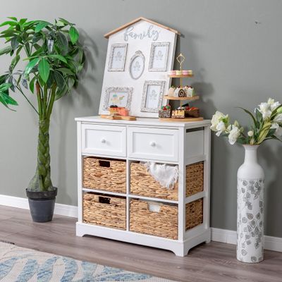 PHI VILLA White Storage Cabinet with Baskets, Accent Cabinet with Drawers, Entryway Rattan Cabinet with Shelves