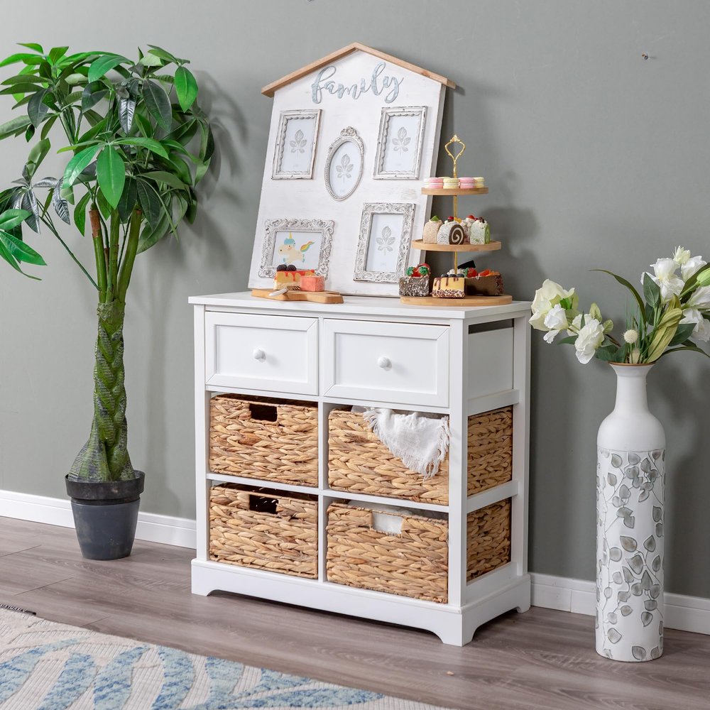 PHI VILLA White Storage Cabinet with Baskets, Accent Cabinet with Drawers, Entryway Rattan Cabinet with Shelves
