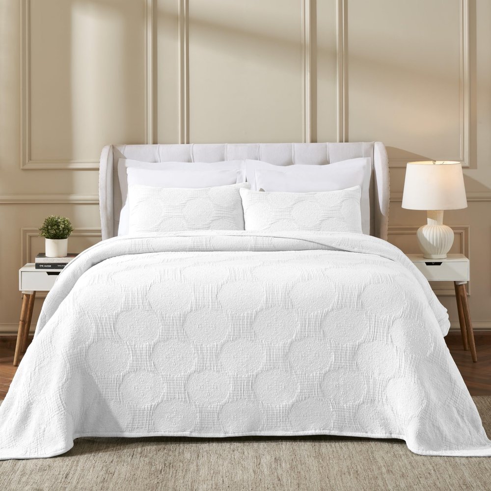 Superior Cotton Woven Coverlet, Home Decor, Aesthetic Master and Guest Bedroom, Medium Weight, All-Season, Bedding Essentials, Decorative Bed Accent, Tanta Collection, Throw Size, White