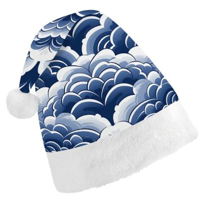 Christmas Hat Blue And White Printed Adults Santa Hats Xmas Holiday Hat for Christmas New Year Festive Party