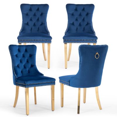 YICORPS Velvet Dining Chairs Set of 4 Upholstered Tufted Dining Room Chair Kitchen Side Chairs with Nailhead Trim and Gold Plated Legs for Dining Room, Restaurant(Blue-Gold Plated Leg)