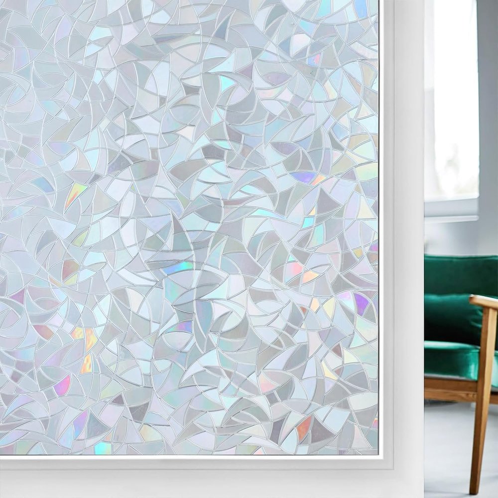rabbitgoo Window Privacy Film Rainbow Film Decorative Window Sticker, 3D Static Stained Glass Cling Tint for Home Heat Control Non-Adhesive, Grayish Silver, 29.5 x 118.1 inches