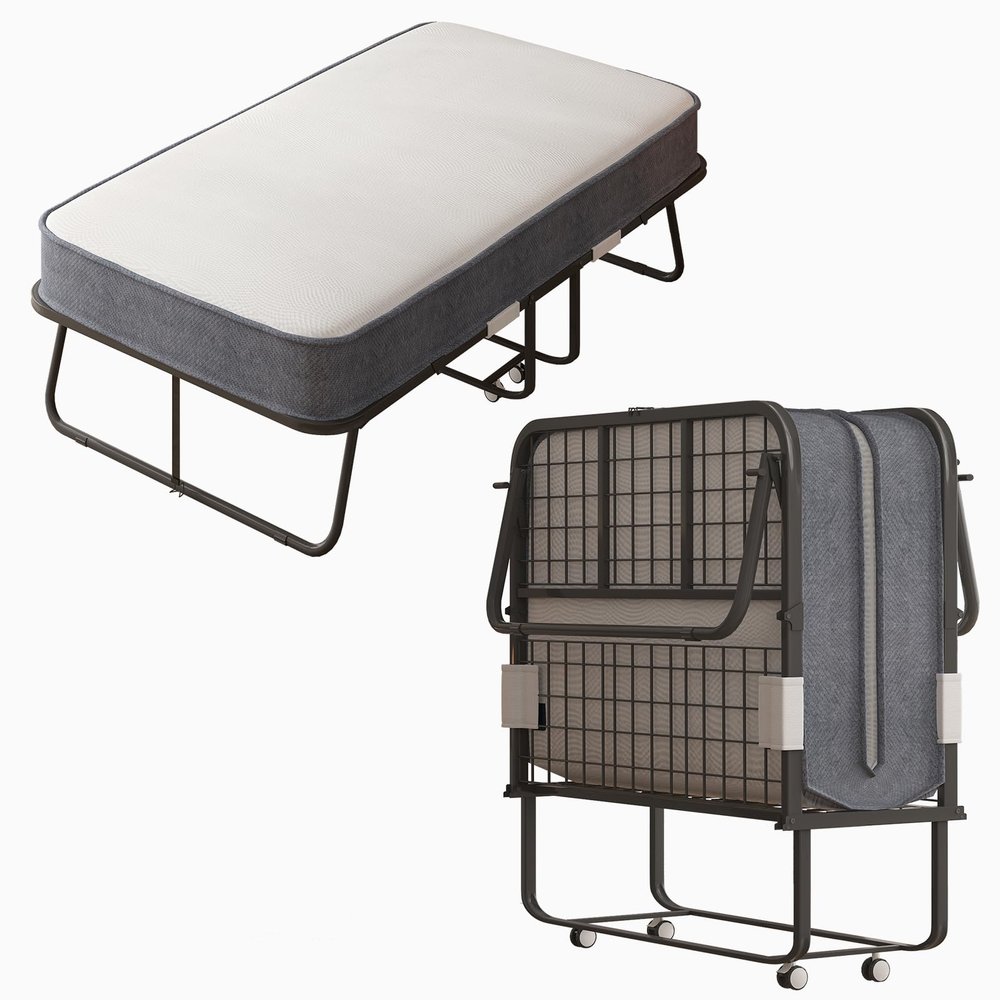 MUZZ Rollaway Bed with 5" Memory Foam Mattress, Folding Bed for Adults with Headboard & 4 Lockable Wheels, Portable Bed with Study Metal Frame for Living Room,Guest Room (75" x 38")