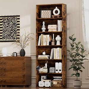JAMFLY Narrow Tall Bookshelf 6 Shelf Bookcase Vertical Storage, Slim Profile Tall Narrow Storage Unit for Home Office, Living Room, Bedroom, Vintage Brown
