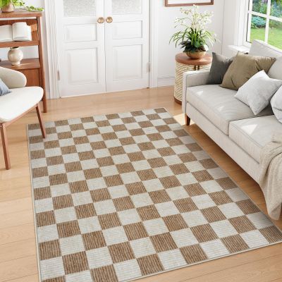 LIVEBOX Checkered 5x7 Area Rug, Washable Rug for Boys Living Room, Brown