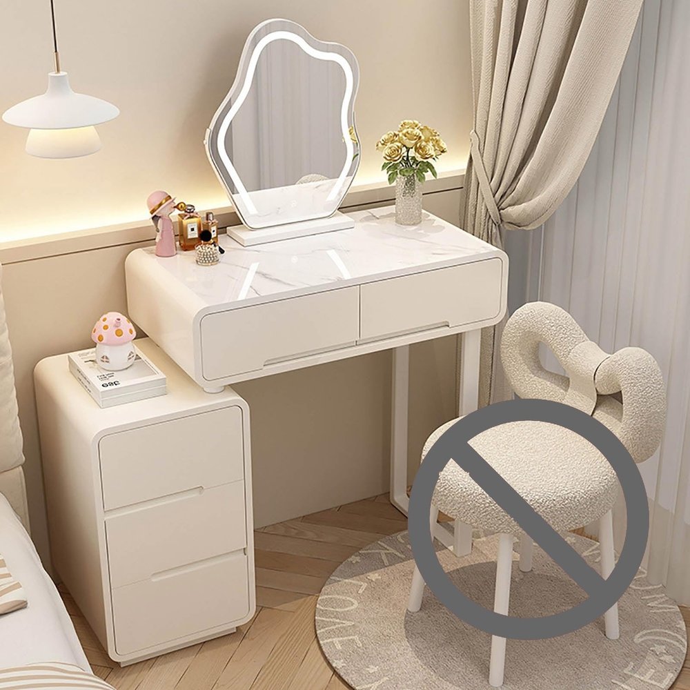 3 in 1 Vanity Desk Majiclovie Small Makeup Vanity Desk Dressing Table, Easy to Install Vanity Set with Mirror and Stool and Lights, White Dresser Vanity Storage with 4 Drawers for Bedroom Girls Womens