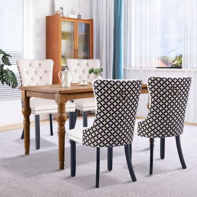 JETEAGO Velvet Dining Chair Set of 4, Upholstered Tufted Dining Room Chair with Nailhead Trim and Wood Leg for Kitchen, Beige Plaid