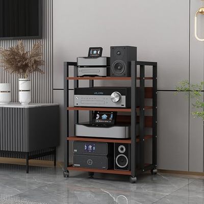 3/4/5/6-Tier AV Media Stand Audio Rack with Wooden Shelf and Steel Frame, Modern Entertainment Stereo Component Storage Cabinet CD Player Stand for Home/Office/Theater(C,4 Tier)