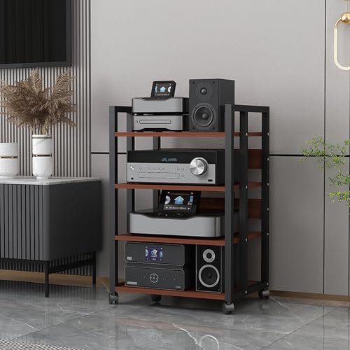 3/4/5/6-Tier AV Media Stand Audio Rack with Wooden Shelf and Steel Frame, Modern Entertainment Stereo Component Storage Cabinet CD Player Stand for Home/Office/Theater(C,4 Tier)