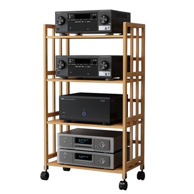 4-Tier AV Media Stand CD Rack Stereo Audio Rack Stand with Height Adjustable Wooden Shelf, Media Cabinet Entertainment Stereo Component Organizer for Home, Office and Theater(Natural,55cm)
