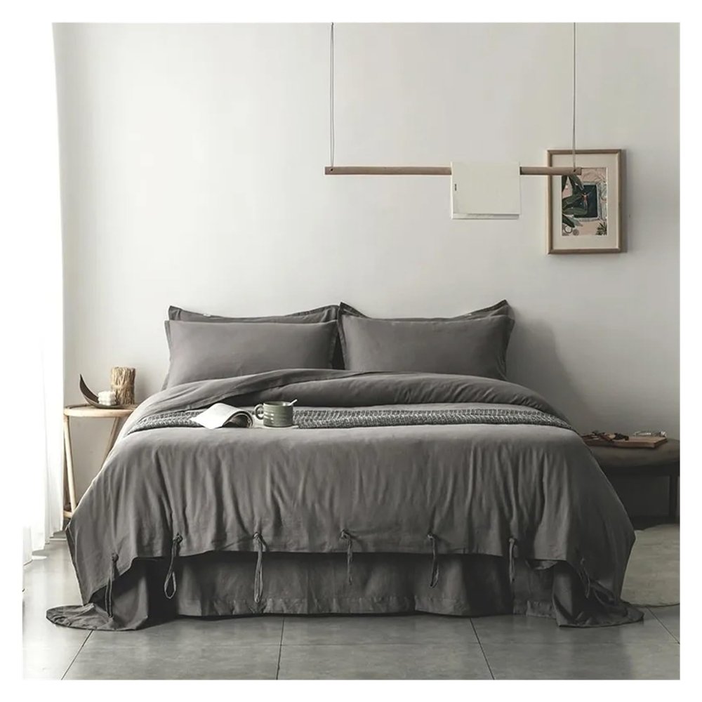 55% Cotton 45% Linen Duvet Cover with Ropes Double Full Queen 4Pcs Good Drape Silky Soft Comforter Cover Bed Sheet Pillowcases,Bed