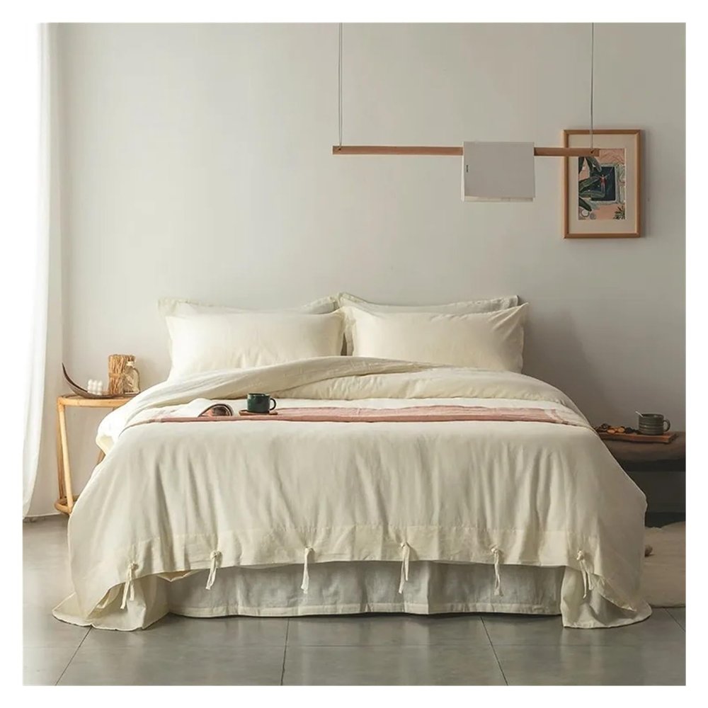 55% Cotton 45% Linen Duvet Cover with Ropes Double Full Queen 4Pcs Good Drape Silky Soft Comforter Cover Bed Sheet Pillowcases,Bed