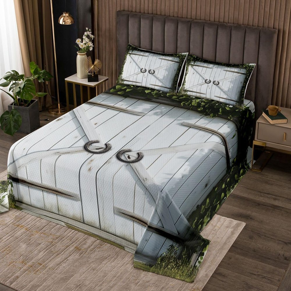 Feelyou Wood Barn Door Bedspread Twin Size Rustic Farm Quilted Coverlet for Kids Teens Adults Farmhouse Coverlet Set Quilted Room Decorations 2Pcs,1 Bedspread+ 1 Pillow Sham