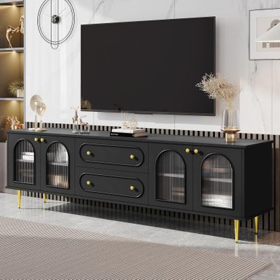 78.7'' Modern TV Stand for TVs up to 85 Inches, Entertainment Center Media TV Cabinet with Five Metal Legs and Metal Handles, 2 Drawers and 2 Cabinets with Fluted Glass Doors For Living room, Black