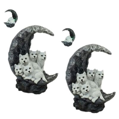 ICE ARMOR 2-PC Gift Set 7.75" H Wolf Cubs on Moon with LED Figurine Statue Sculpture Ornament Decoration Home/Room Decor for Housewarming, Holidays, Christmas Special