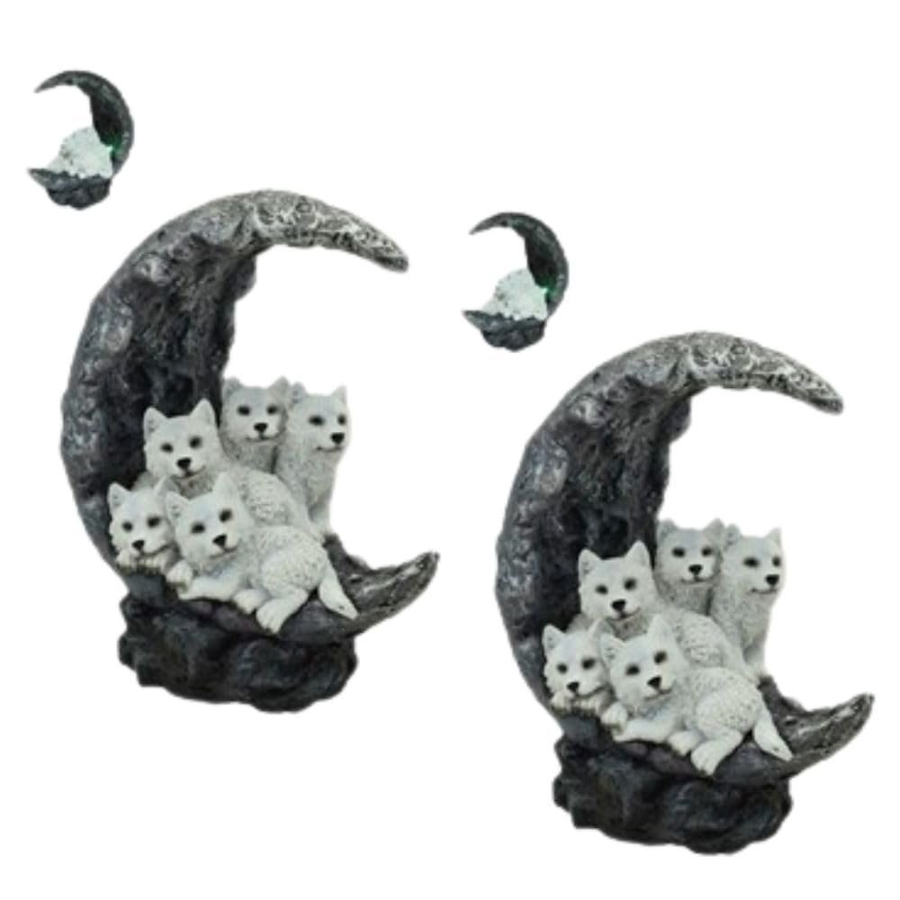 ICE ARMOR 2-PC Gift Set 7.75" H Wolf Cubs on Moon with LED Figurine Statue Sculpture Ornament Decoration Home/Room Decor for Housewarming, Holidays, Christmas Special