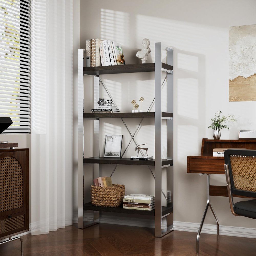 Clihome 4 Tier Book Shelf, Tall Bookcase with Shelves, Modern Book Case Storage Organizer Stainless Steel Bookshelves for Home Office, Living Room