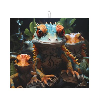16*18 Inch Kitchen Dish Drying Mat, Decorative Durable Washable Reusable Dish Mat, Colorful Lizards Kitchen Countertop Absorbent Mat