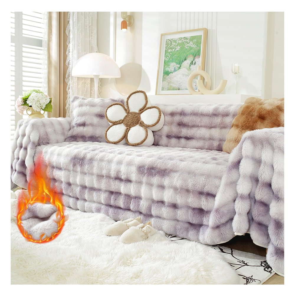 OREZAUQS Plush Soft Couch Cover Washable Sofa Cover Sofa Slipcover Loveseat Cover Futon Cover Thick Shaggy Fuzzy Chair Slipcover Pet Friendly (Purple-White,180 * 380CM)