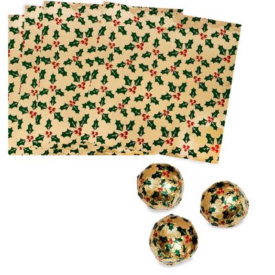 Christmas Holly Gold Foil Candy Wrappers (4" x 4" (125 ct))