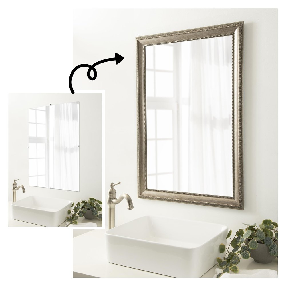 Amanti Art Mirror Makeover 40x30 Bathroom Mirror Frame Border Kit, Peel and Stick Wall Moulding Frame, Fully Assembled Black Border DIY Kit - Mirrored Glass NOT Included - Lyla Ornate Silver Trim