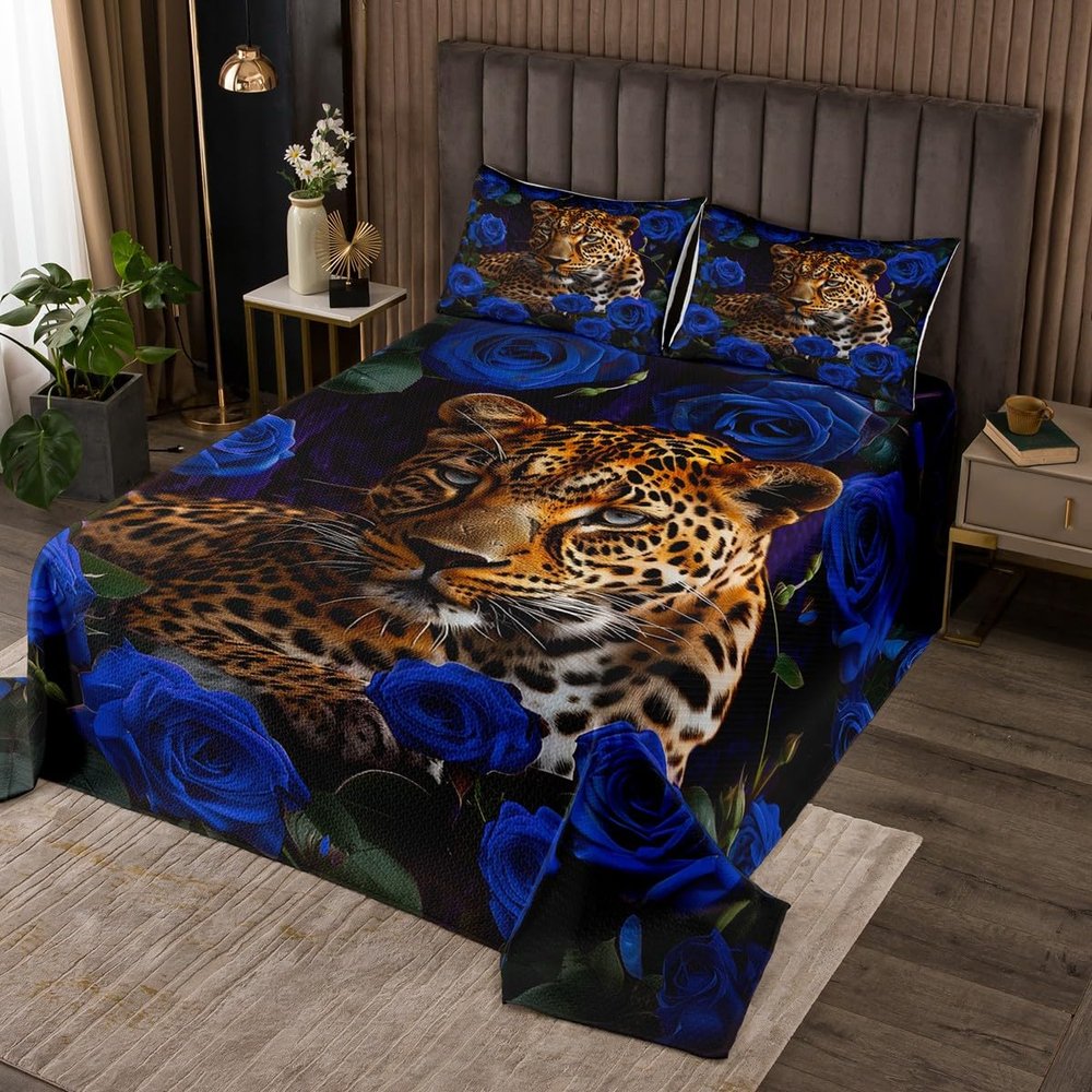 3D Cheetah Pattern Quilt Set for Kids Teens,Blue Rose Bedspread Coverlet,Leopard Print Bed Cover Wild Animals Bedding Set Decorative Quilted 2 Piece Coverlet Set with 1 Pillow Sham,Twin Size