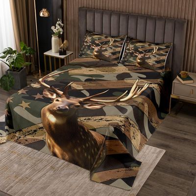 3 Piece 3D Deer Print Quilt Bedding Set Women Aldult Lightweight Bedding Green Camo Bedspread Set American Flag Bedspread Coverlet Soft Microfiber Home Quilt Set for King Bed All Season