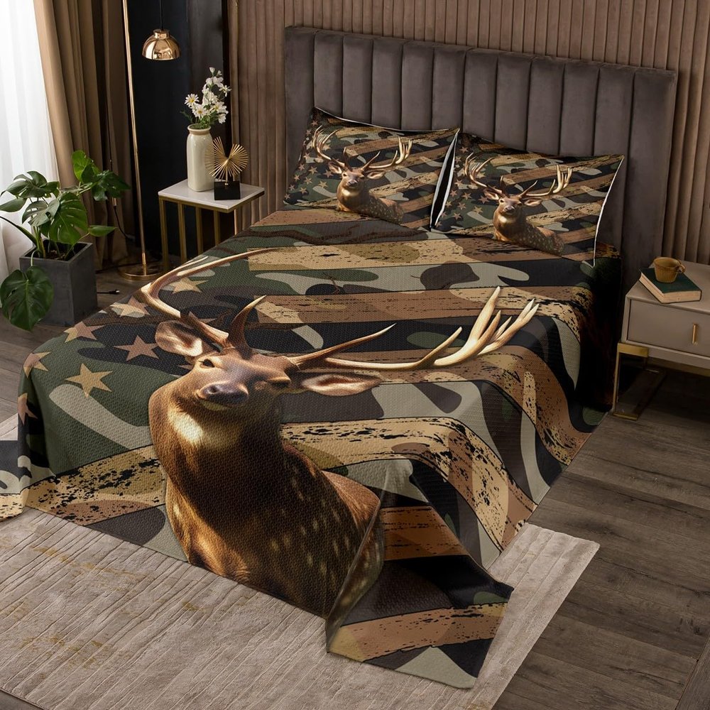 3 Piece 3D Deer Print Quilt Bedding Set Women Aldult Lightweight Bedding Green Camo Bedspread Set American Flag Bedspread Coverlet Soft Microfiber Home Quilt Set for King Bed All Season