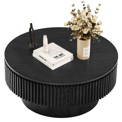 LKTART Round Coffee Table for Living Room, Accent Fluted Drum Coffee Table with Storage, Modern Solid Wood Veneered Circle Center Tea Table for Small Space Apartment (31.5''D14''H-Black)