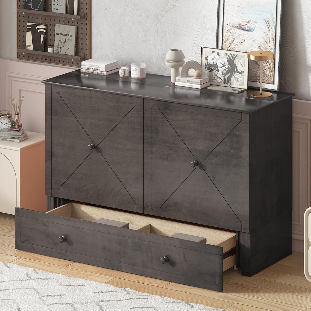 BALUS Murphy Cube Cabinet Bed with USB Charging Station, Queen Size Murphy Bed with Tri-Fold Memory Foam Mattress and Storage Drawers,Cabinet Wall Beds for Guest Room Apartment,Easy Assembly,Gray