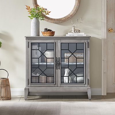 Morden Fort 36 inch Wide Accent Cabinet with 2 Doors, Vintage Style Storage Cabinet with Solid Wood Legs for Living Room, Entryway and Hallway, Grey