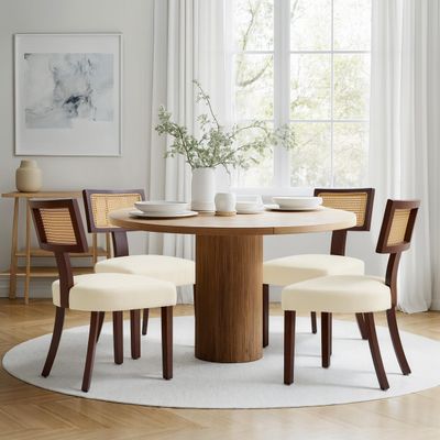 CHUN YI Dining Chairs Set of 6, Mid Century Modern Dining Room Chairs with Rattan Back, Upholstered Fabric Dining Chairs, Kitchen Side Chairs with Rubber Wood Legs, Beige