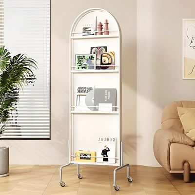 GRRICEPL Magazine Rack, Organizer with Full Body Mirror, Adjustable Mirror Angle, 4 Shelves with Guard, with Four 360 Swivel Pulleys(Beige)