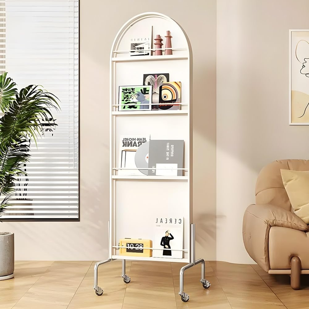 GRRICEPL Magazine Rack, Organizer with Full Body Mirror, Adjustable Mirror Angle, 4 Shelves with Guard, with Four 360 Swivel Pulleys(Beige)
