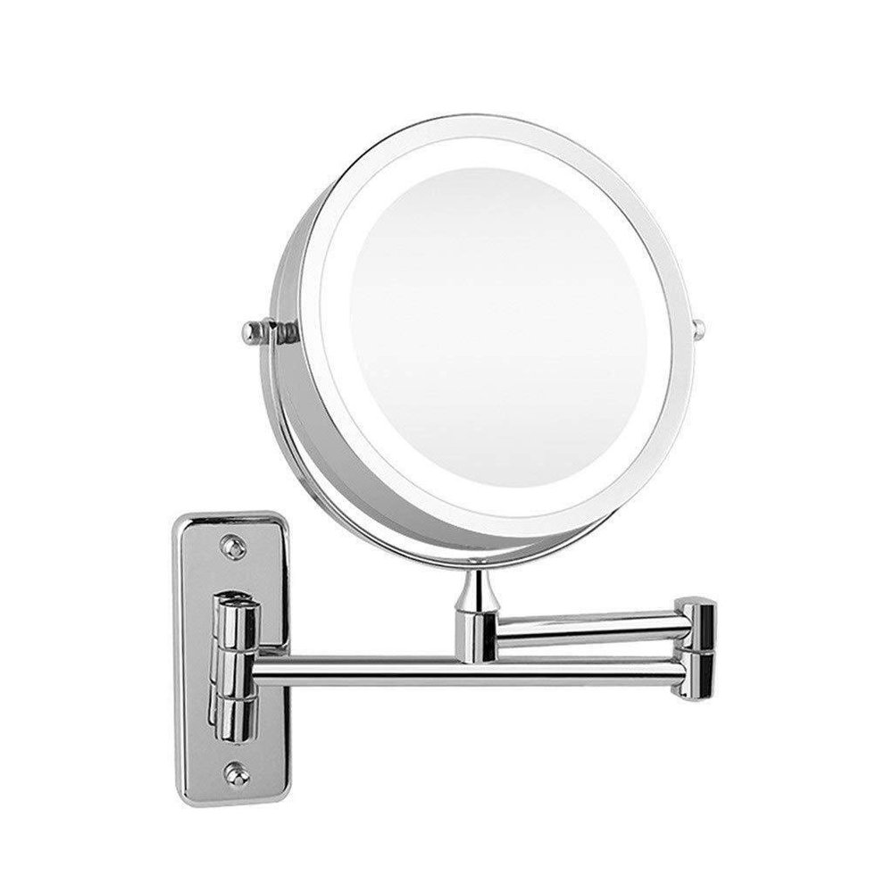 DAHSLNWKN Wall-Mounted Makeup Mirror Chrome Led7 Inch Mirror Telescopic Wall Mirror 3 Times Magnifying Glass Double Folding Mirror