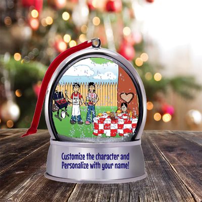 Personalized Name That Toon Family Backyard Barbeque 1 boy Snow Globe Magnet - Great Gift!