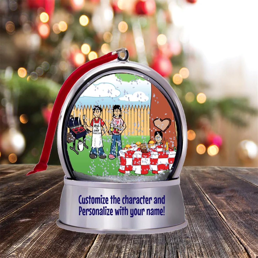 Personalized Name That Toon Family Backyard Barbeque 1 boy Snow Globe Magnet - Great Gift!