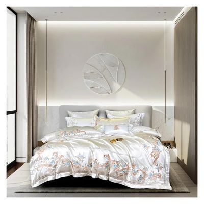 Luxury Silk Satin Silky Long Staple Cotton Duvet Cover Set White 4Pcs Chic Embroidery Bedding Set Bedspread Pillowcases,Bed