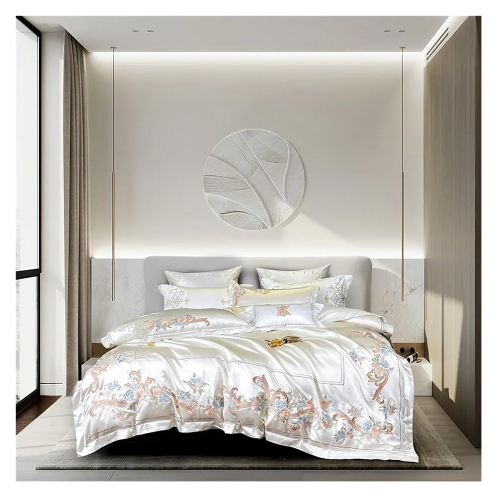 Luxury Silk Satin Silky Long Staple Cotton Duvet Cover Set White 4Pcs Chic Embroidery Bedding Set Bedspread Pillowcases,Bed