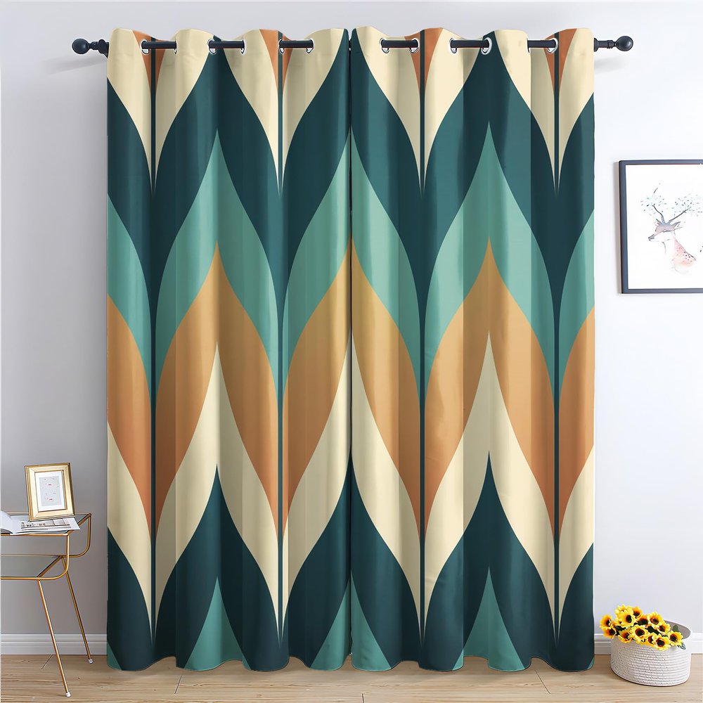 Qtjacryxen Geometric Blackout Curtains 54 Inch Length, Retro Curtains for Bedroom Decor, Mid Century Modern Window Curtains for Living Room, Abstract Black Out Grommet Drapes 38 x 54, 2 Panels
